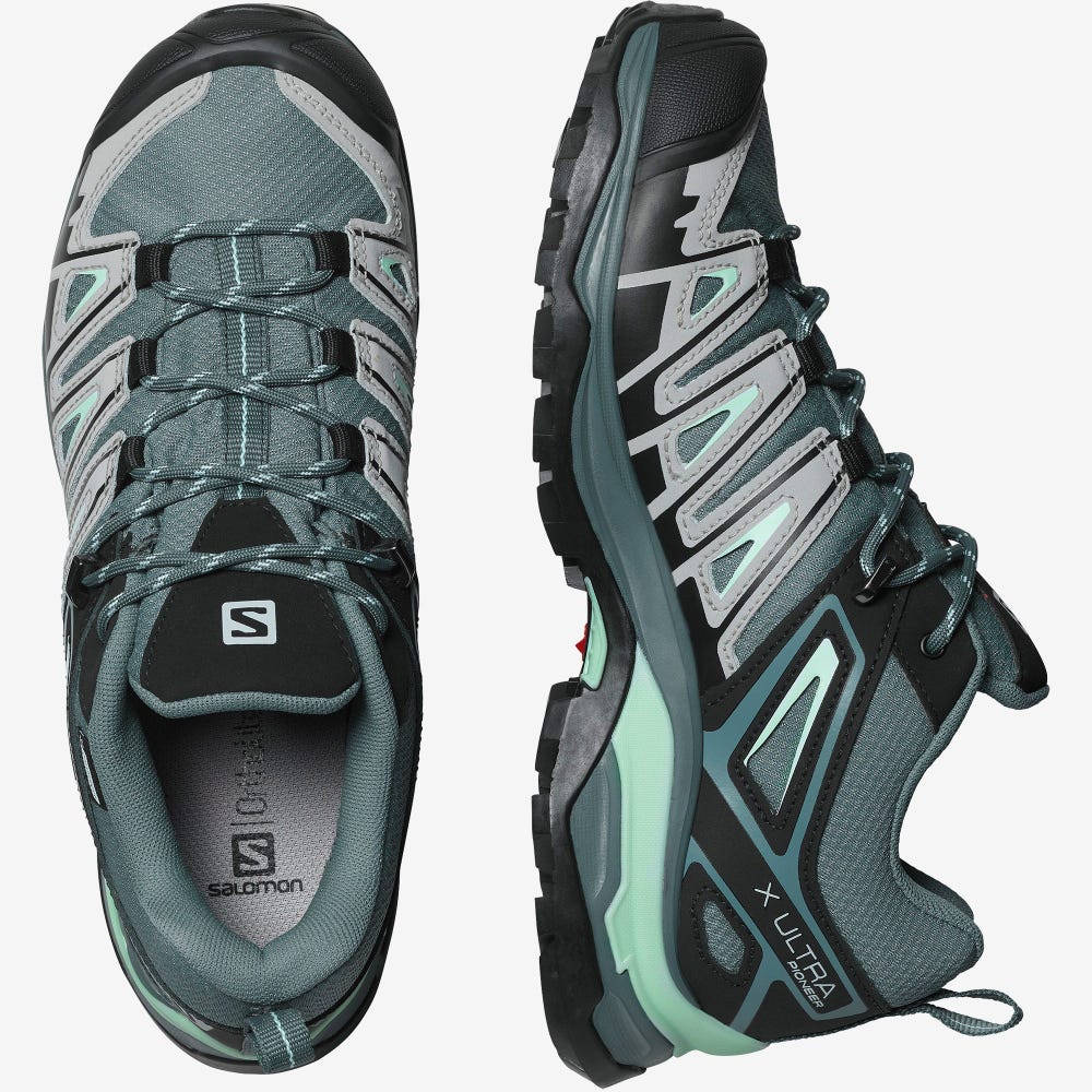 Salomon X ULTRA PIONEER CLIMASALOMON™ WATERPROOF Női Túracipő Szürke/Zöld | MZE394682