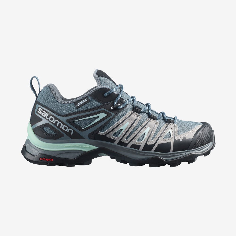 Salomon X ULTRA PIONEER CLIMASALOMON™ WATERPROOF Női Túracipő Szürke/Zöld | MZE394682