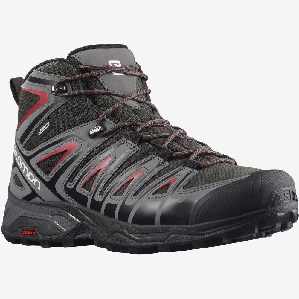 Salomon X ULTRA PIONEER MID CLIMASALOMON™ WATERPROOF Férfi Túrabakancs Olivazöld/Piros | RJA596023