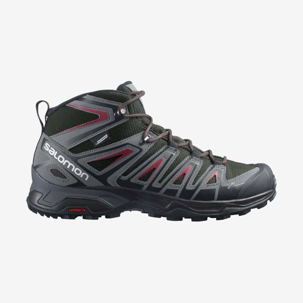 Salomon X ULTRA PIONEER MID CLIMASALOMON™ WATERPROOF Férfi Túrabakancs Olivazöld/Piros | RJA596023