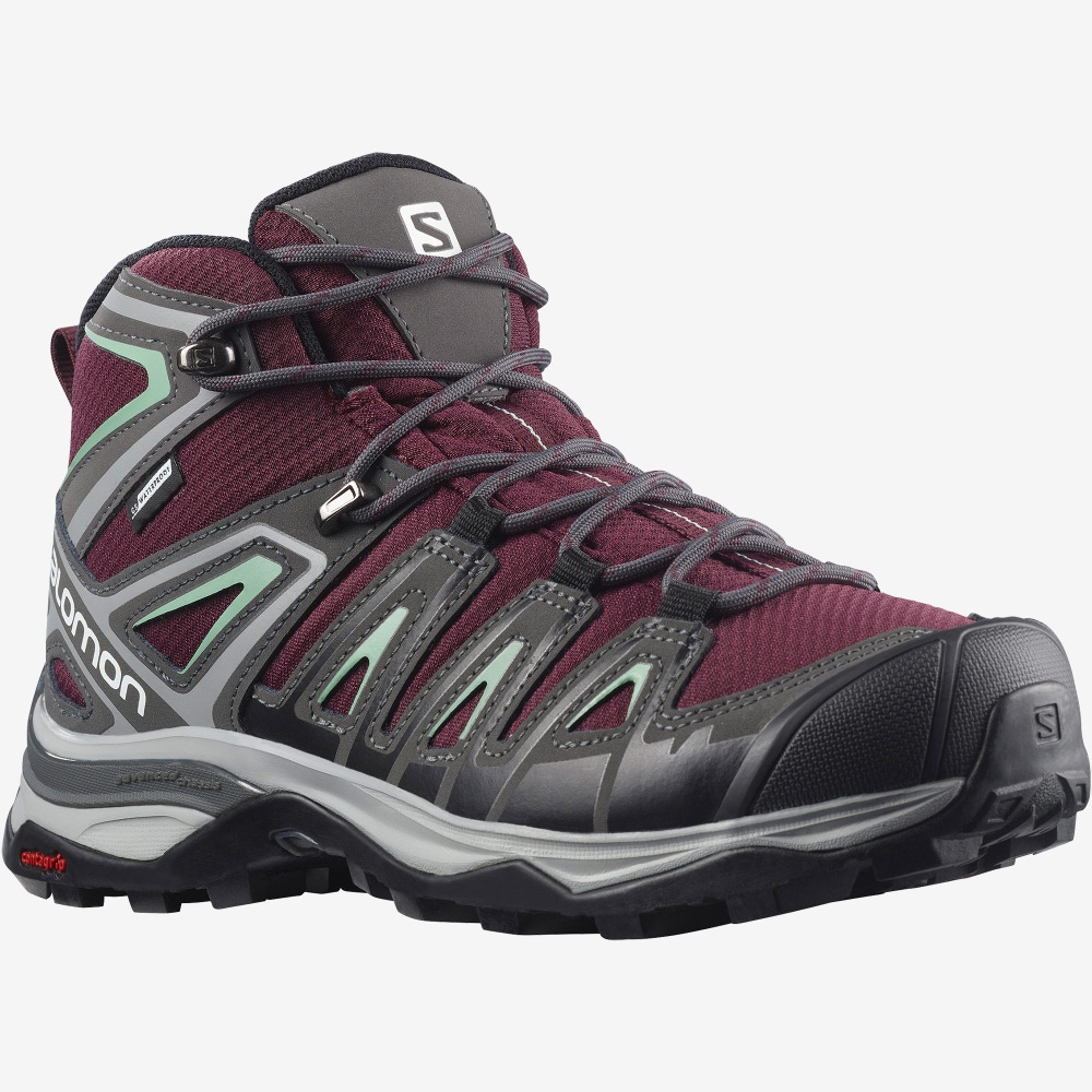 Salomon X ULTRA PIONEER MID CLIMASALOMON™ WATERPROOF Női Túrabakancs Bordó/Szürke Zöld | VZL872634