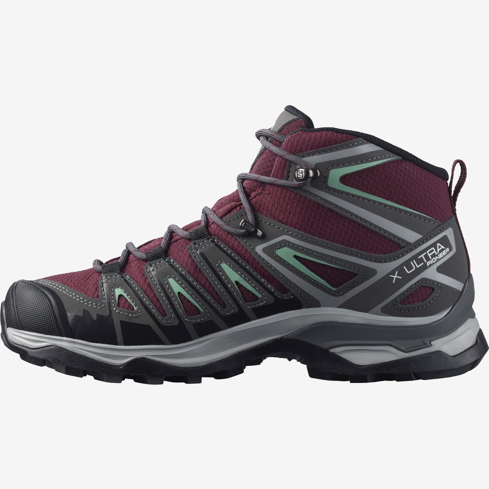 Salomon X ULTRA PIONEER MID CLIMASALOMON™ WATERPROOF Női Túrabakancs Bordó/Szürke Zöld | VZL872634