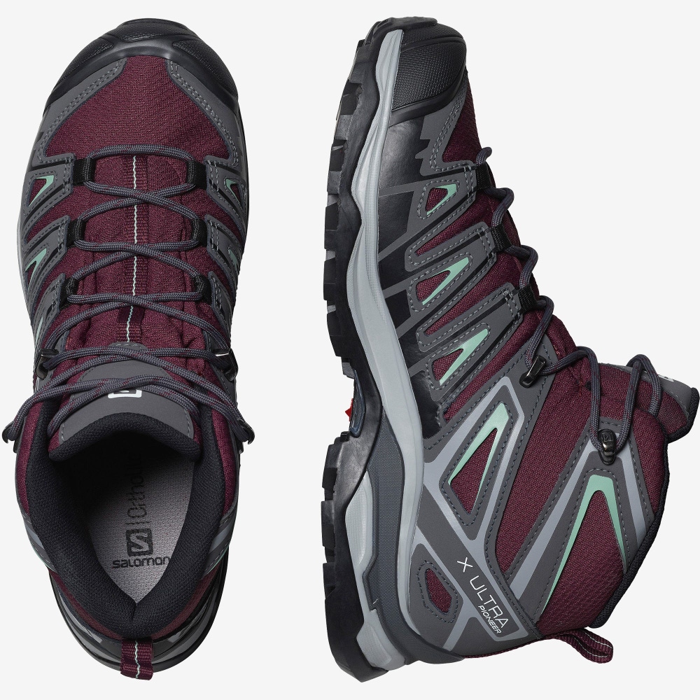 Salomon X ULTRA PIONEER MID CLIMASALOMON™ WATERPROOF Női Túrabakancs Bordó/Szürke Zöld | VZL872634